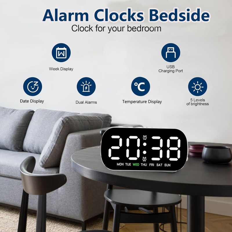 HEEYoo Digital Alarm Clock for Bedside, Digital Clock with LED