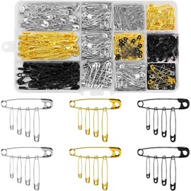 REJOECE 600 Pcs Safety Pins Set, 5 Sizes Clothes Safety Pins Small Medium Large Size(19mm/22mm/28mm/32mm/38mm), Metal Safety Pin Rust-Resistant for Arts and Crafts Sewing DIY,Gold Silver Black