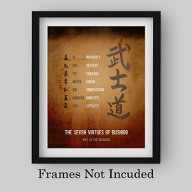 "Seven Virtues of Bushido- Way of the Warrior- Honor Code"- Motivational Quotes Wall Art-8 x 10" Print Wall Decor-Ready to Frame. Aged Parchment Print for Home-Dojo-Gym-Office Decor. Timeless Virtues.