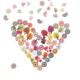 Wepetyo 200 Pcs Cute Cartoon Wooden Buttons,Wooden Leaf Buttons Assorted Design 2 Holes Mixed Animal/Flowers/Trees/Wood Button for Sewing Crafts DIY Decoration and Clothing