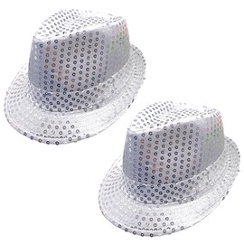 FUIPVGI 2 Pcs Sequin Hat, Glitter Jazz Caps, Disco Hat, Hip-Hop Sequin Hat Fancy Dress, Sequin Fedora Hat, Gangster Hat, for Jazz Dancers Rapper Cowboy Mardi Gras, Retro 70 Theme Dance Party (Silver)