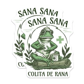 (2 Pack) Sana Sana Frog Stickers - Cute Cartoon Frog - Medicinal Herb Magic Frog - 5" On Longest Side - Sticks to Smooth Flat Surfaces - Made in USA - BMCS4886