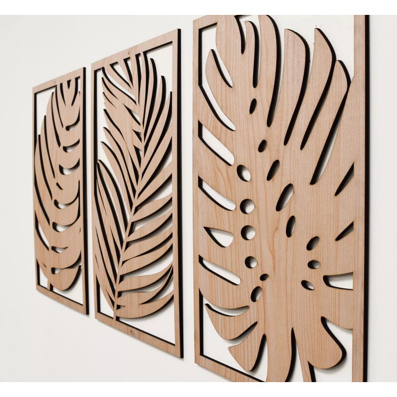 Decor Tropical Leaves Wood Wall Art, 3 Panel Set, Monstera