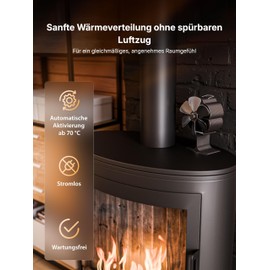 FlammenEcho Fireplace Fan, Gentle Heat Distribution Without Noticeable Draughts, Stove Fan for Steel and Cast Ovens, Whisper Quiet <25 dB, 100% Powerless from 70 °C
