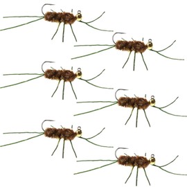The Fly Fishing Place Tungsten Bead Jigged Pat's Rubber Legs Nymph Fly Fishing Flies - Coffee/Tan with Olive Legs - Trout and Bass Wet Fly Pattern - 6 Flies Hook Size 10