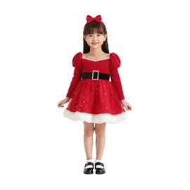 COSIWO Christmas Children's Long Sleeve Star Mesh Princess Dress Set, Merry Christmas Costume, Dress + Ribbon, Red, 2-Piece Set, 90