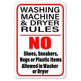 Laundry Room Rules Funny Metal Sign Washing Machine & Dryer Rules No Shoes Sneakers Rugs or Plastic Items Retro Wall Decor for Home Garage Office Bar Cafe Pub Man Cave Gifts 12 x 8 Inch