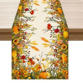 XCHI Fall Color Wild Flowers Pumpkin Table Runner Table Decoration for Kitchen Dining Dinner Autumn Home Decor 13x120 Inch