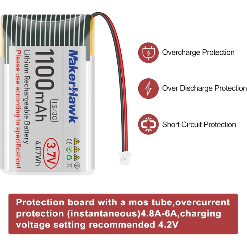 MakerHawk 3.7V 1100mAh LiPo Battery 102540 Rechargeable 1S Lithium Polymer