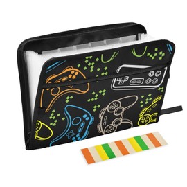 Expanding File Folder - Colorful Game Handle 13 Pocket Accordion File Folders with Sticky Labels, A4 Letter Size Paper Document Organizer with Zipper Closure for Office School Boys Girls