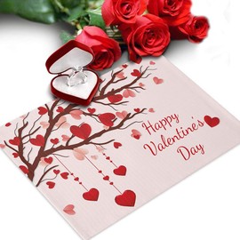 Valentine's Day Pink Placemats Set of 6 Washable Table Mats for Kitchen Dining Table, Cotton Linen Place Mats for Indoor Outdoor Parties Holiday Decoration, Romantic Love Heart Tree