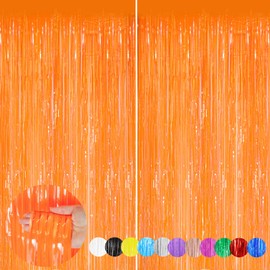 Orange 2 Pack Metallic Tinsel Foil Fringe Curtains, 3.3x8.3 Feet Orange Streamers for Party, Door Streamers Party Decorations, Party Streamers for Birthday Christmas Party Decorations