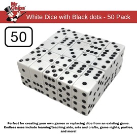 MR CHIPS D6 Standard 16 mm Opaque Dice with Pip Dots - 50 Pack - White