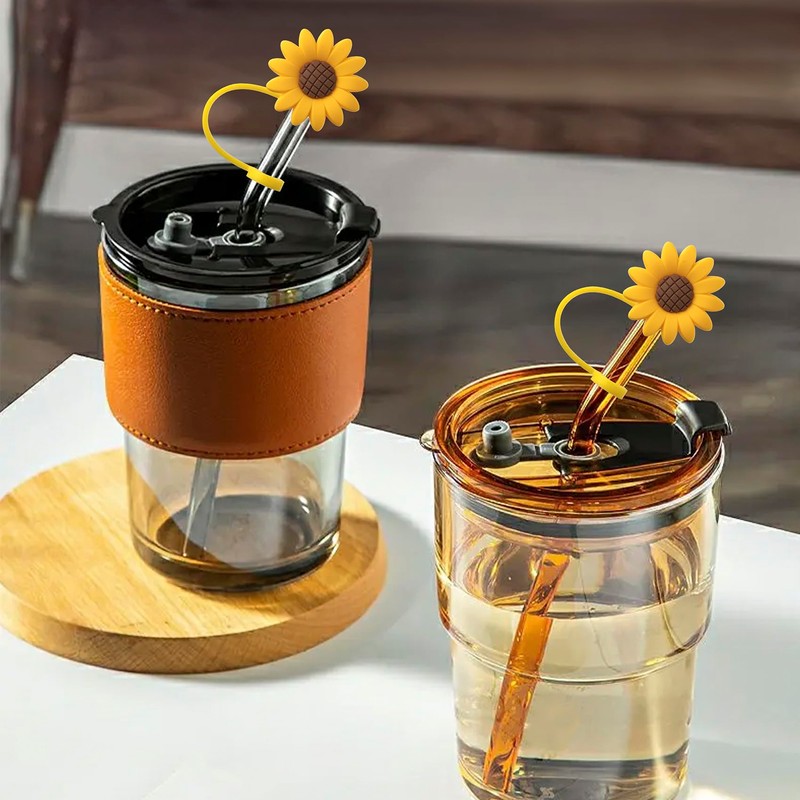 CustomyLife 5 Pcs 0.3inch Sunflower Straw Toppers Reusable Silicone Drinking