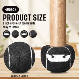 Macarrie 40 Pcs Ninja Precut Tennis Balls Bulk 2.5 Inch Chairs Leg Floor Protector Ninja Black Heavy Duty Long Lasting Glide Coverings Non Slip for Classroom Furniture Legs Protection
