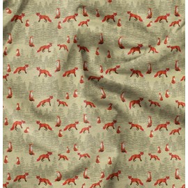 Soimoi Beige Velvet Fabric Cedar Tree & Fox Animal Fabric Prints by Yard 58 Inch Wide