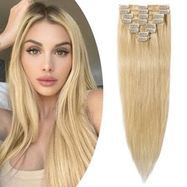 20 inches SEGO Clip in Hair Extensions Real Human Hair [#613 Bleach Blonde] 8 Pieces 18 Clips Remy Hairpieces for Women Straight Full Head THIN TYPE (70g)