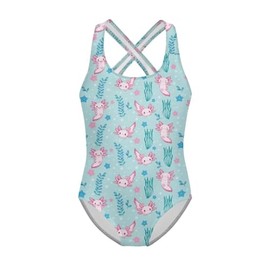 Psaytomey - Traje de baño de una pieza para niñas, de secado rápido, cuello redondo, con correa cruzada, para el hombro, traje de baño de 5 a 14 años, Rosa Axolotl Verde, 11-12 Años