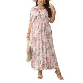 OSTOO Women's Plus Size Hawaii Empire Waist Bat Short Sleeve Casual Floral Print Boho Maxi Dress（Apricot,XL