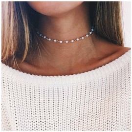 Yheakne Boho Opal Moonstone Choker Necklace Small Pearl Necklace Short Chain Necklace Necklaces Jewellery for Women Girls Teenager Gifts, 1 Unit (Confezione da 1), Plastic, Plastic