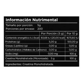 Creatina Monohidratada en Polvo Armada Sin Sabor de 1 kg con 200 Porciones