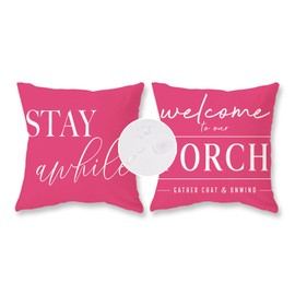 TAJWE Pink Outdoor Pillow Covers Waterproof 18x18 Set of 2 Decorative Welcome to Our Porch Stay Awhile Cushion Cases for Patio Furniture Sofa Couch Decor