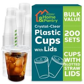 Inspire Home & Pantry Plastic Cups with Lids | BULK SAVINGS Smoothie Cup, Iced Coffee Cups with Lids | Crystal Clear Coffee Cups, Soda, Cups | 12 Oz Clear Cups With Lids To Go Cups With Lids