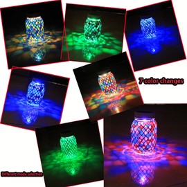 Solar Mosaic Outdoor Lanterns - 12 Color Changing LED, 4 Lighting Modes with Remote Control, Handcrafted Glass Decor Lights, Hanging or Tabletop Decor for Garden (red)