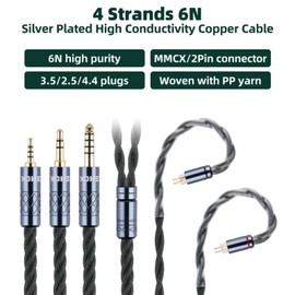 NICEHCK MeetAlice 4 Core Earphone Cable, 6N Silver Plated High Conductive Copper, 0.1 inch 2.5mm/3.5mm/4.4mm Metal Plug, MMCX/0.78 2Pin Connector, 3.7ft (1.2 m),Removable Upgrade Cable
