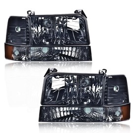 GRAND ORANGE Headlights Assembly w/Corner Signal Lamp & Bumper Lamps Compatible with 1992-1996 Ford F150 Bronco/Fit 1992-1997 Ford F250 F350 Chrome Housing Amber Reflector