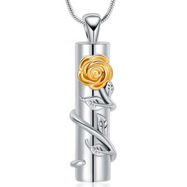 Rose Flower Urn Necklace for Ashes with Hollow Cylinder Cremation Jewelry Urn Pendant Memorial Lockets for Ashes for Women Men (F)