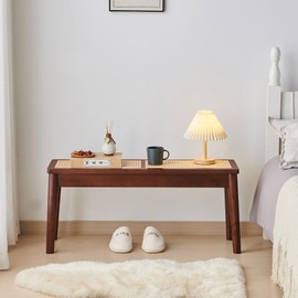 Jimenuco 40" Wooden Dining Bench with Hand Woven Rattan Seat,Solid Wood Bench for Entryway,Living Room,Kitchen and Bedroom（Nature Wood，18" H