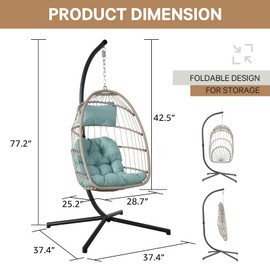 Yangming Hanging Egg Swing Chair with Stand and Weather Cover, Foldable for Indoor Outdoor, Wicker Rattan Basket with Cushion for Bedroom, Patio, Porch