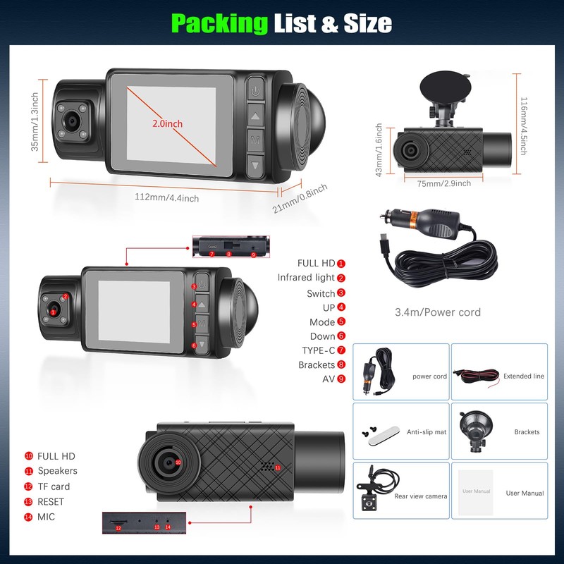 3 Channel Dash Cam Front and Rear Inside, 2.0'' 1296P