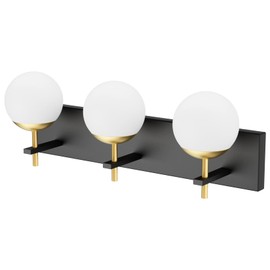 Ralbay Mid Century Modern Bathroom Vanity Lights 3-Light Milky Glass Globe Modern Bathroom Vanity Lights Black and Gold Bathroom Wall Lighting Fixtures