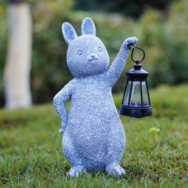 Jy.Cozy Garden Rabbit Statues - Adorable Resin Easter Figurines with Solar LED Lantern Lamp - Outdoor Rabbit Decor Solar Light for Yard, Patio, Lawn, Porch - Gift Ornament