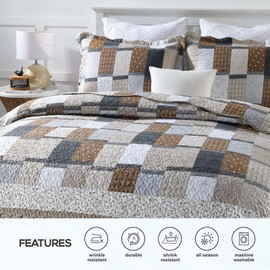 ENJOHOS 3PC Queen Quilt Sets with Shams Navy and Brown Blocks Patchwork Quilt Lightweight Reversible Bed Coverlet All Season Bedspread for Queen Bed Patch Plaid Daybed Bedding (Multi Patch)