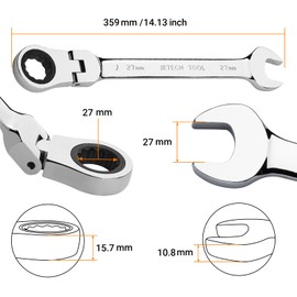 Jetech 27mm Flex-Head Ratcheting Combination Wrench, Premium Industrial Grade Spanner 72-Tooth Cr-V Steel - 180 Degree Flexible Box End Perfect for Tight Spaces, Auto & DIY Repair