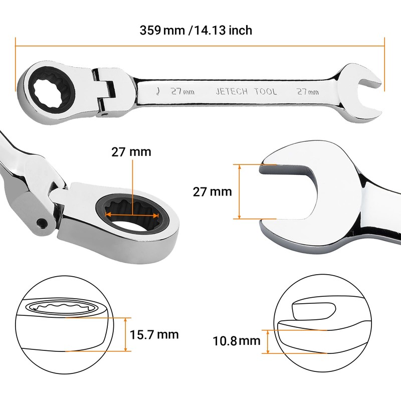 Jetech 27mm Flex-Head Ratcheting Combination Wrench, Premium Industrial Grade Spanner