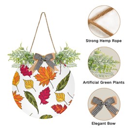 Autumn Falling Leaves Seamless On White Door Hanging Sign, 12" Merry Christmas Front Plaque Board Round Wreath for Daily Holiday Welcome Home Garden Yard Wall Pediments