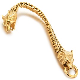 Mens Gold Steel Viking Bracelet, Wolf Head Franco Link Curb Chain with Spring Ring Clasp, Norse Nordic(CA)