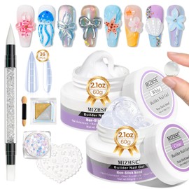 MIZHSE 2PCS 60g Clear and White Solid Builder Gel for Nails, 3D Sculpting Gel for Nail Art with Gold Silver Chrome Powder Nail Form Molding Builder Gels Kit for Women Home DIY Manicure