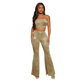 WDIRARA Women's Sparkly Two Piece Set Disco Glitter Outfits Tube Top Flare Pants Set, Gold, Medium