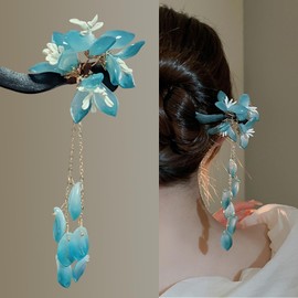 Chinese Style Retro Pendants Tassels Flower Hair Stick Hair Chopstick, Handmade Chinese Traditional Hanfu Flower Wooden Hairpin (Blue)