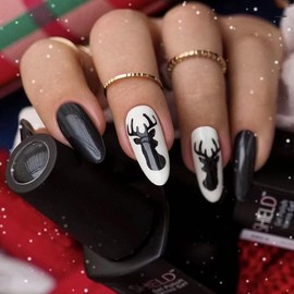 Christmas Press on Nails Almond Fake Nails Medium Acrylic Glue on Nails Black False Nails Full Cover Stick on Nails for Women 24pcs