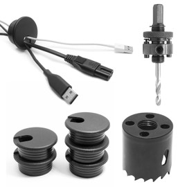 Jersvimc 1-1/2 Inch Cord Desk Grommet (5Pcs) and Hole Saw Kit, Black Wire Hole Cover Furniture Cable Grommet Drill Bit Set Bi-Metal Hole Saw Cover for Table Office Desktop