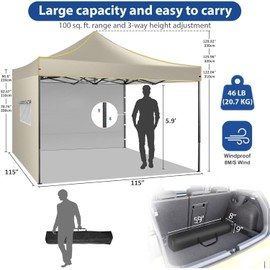 COBIZI 10x10 Heavy Duty Pop up Canopy with 4 Removable Sidewalls, Canopy Tent with Portable Bag, Pop up Tent Commercial Gazebo Waterproof Sunshade for All Weather Party Camp Stall Patio,Khaki
