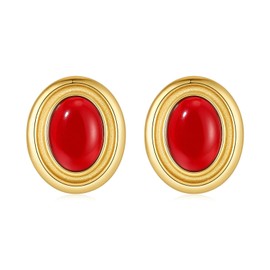 Catuni Vintage Chunky Earrings for Women Red and Gold Statement Earrings 18K Gold Oval Stud Non Tarnish Stainless Steel