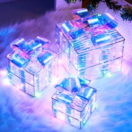 Set of 3 Christmas 150 LED Lighted Gift Boxes, 8 Lighting Modes, with Colored Lights, Lighted Xmas Present Ornament Presents Boxes for Home Yard Party (Style C)