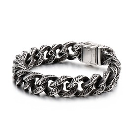 Azubpi 316 Stainless Steel Engraved Cuban Link Bracelet for Men, Retro Pattern Chain Punk Hip Hop Style Jewelry for Him